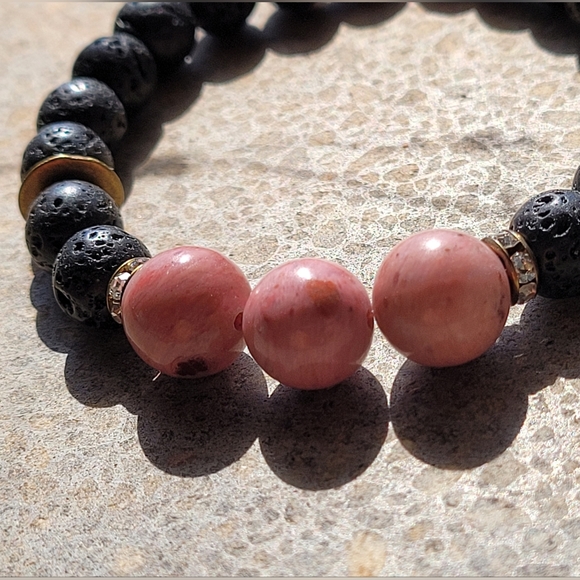 Jewelry - Rhodonite Lava Bead Genuine Stone Bracelet